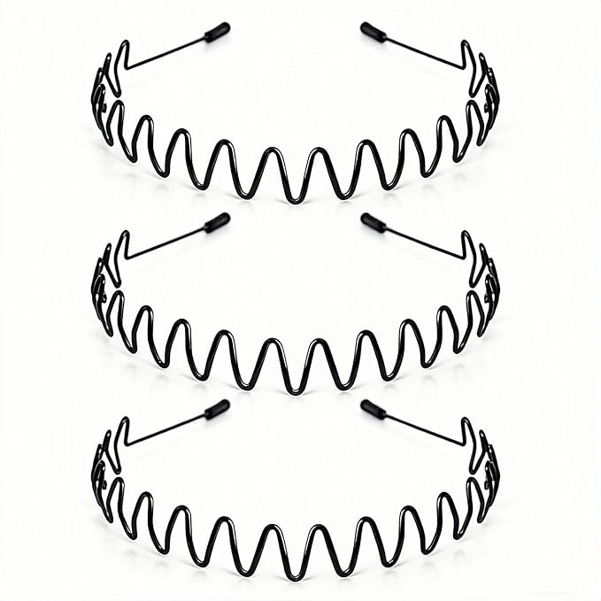 Metal Headband for Men & Women, Adjustable Wavy Zigzag Hair Bands, Non-Slip Elastic Metal Headbands for Sports, Workout, Running, Yoga Comfortable Unisex Hair Hoop (3 Pack)