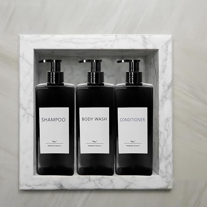 Shampoo and Conditioner Dispenser Set, 3Pack Refillable Shampoo and Conditioner Bottles with Labels, 500ml Soap Dispenser 16.9oz Shower Dispenser Square Pump Bottle for Bathroom and Kitchen - Black