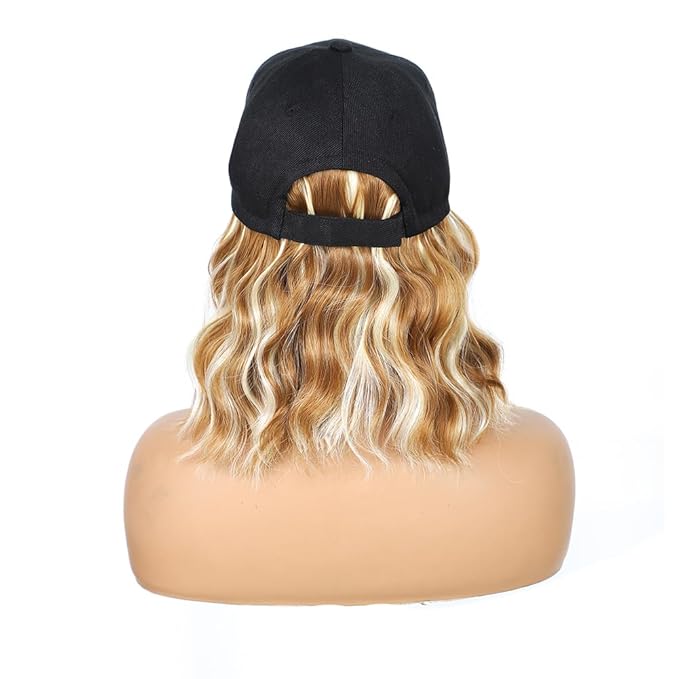 GUOJIAN Hat Wigs for Women 6' Short Wave Baseball Cap Wigs with Curly Hair Extensions Synthetic Wave Wig Adjustable Hat with Hair Attached for Daily Use (B27/613, 6inch)