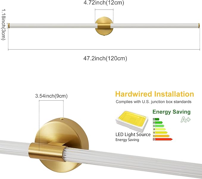 Glod Wall Sconces Set of 2 Hardwired, Dimmable 5CCT LED Bathroom Light Fixtures Over Mirror, 360° Full Lighting 47" Long Vanity Light Bar Modern Wall Sconce for Bathroom Bedroom Living Room