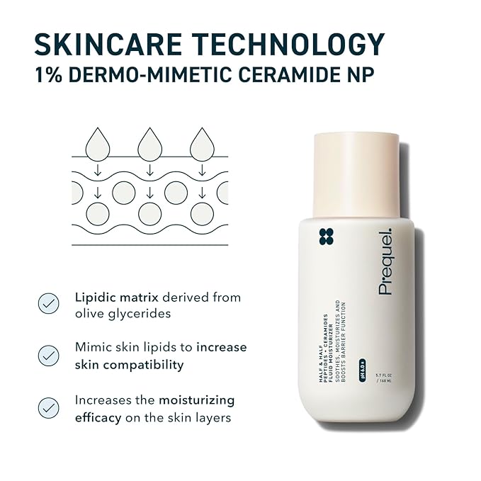 Prequel Skin Half and Half Fluid Moisturizer Face Cream. Lightweight Ceramide Peptide Lotion for All Skin Types, including Dry and Sensitive. Hydrating Facial Cream for Women and Men (Pack of 2)