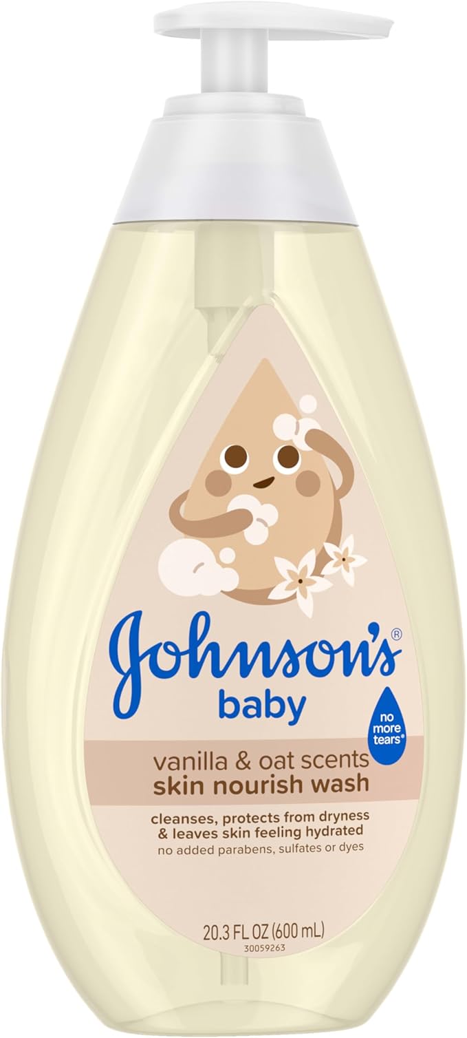 Johnson's Skin Nourishing Moisture Baby Wash, Vanilla & Oat Scents, Tear-Free, Hypoallergenic Baby Body Wash Cleanses, Protects from Dryness, & Leaves Skin Feeling Hydrated, 20.3 fl. oz