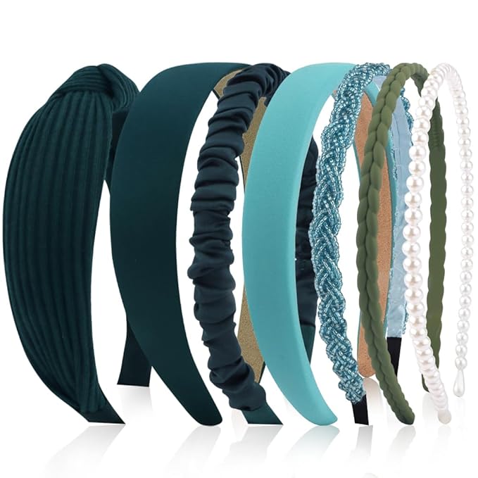 AHONEY 7 Pack Green Headbands for Women Christmas Headbands Trendy Non Slip Hairbands Cute Hair Accessories Multi-style Headband Pack