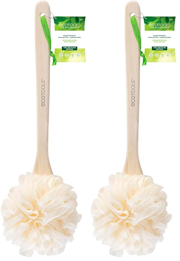 Bath Pouf with Handle - Hard-to-Reach Cleansing Sponge - EcoPouf Bath Brush - Assorted Colors (Pack of 2)