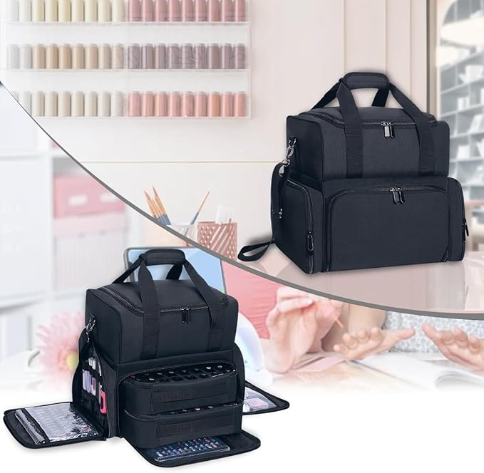 Nail Polish Organizer Case Holds 80 Bottles (15ml - 0.5 fl.oz) and a Nail Lamp,Nail Polish Case with 2 Removable Bags and Tools Storage Sections Black