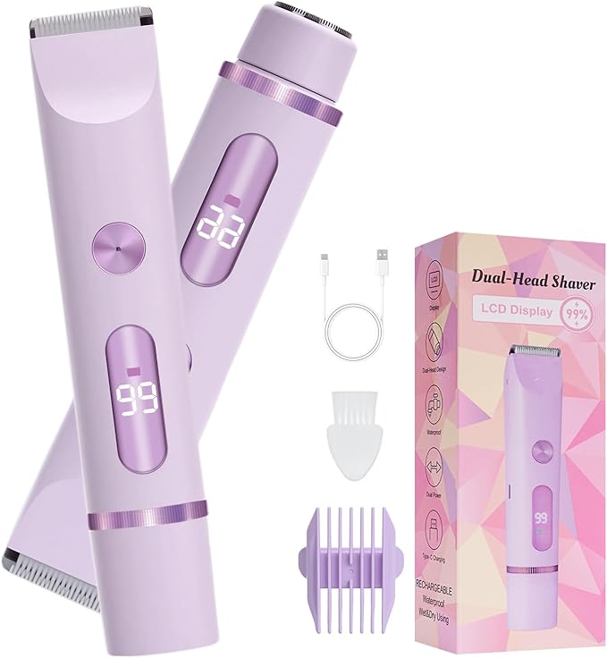 2026 Upgraded 2 in 1 Bikini Trimmer for Women with LCD Display,Dual Head Cordless Electric Bikini Shaver,IPX7 Waterproof Wet/Dry Body Hair Trimmer for Face,Violet