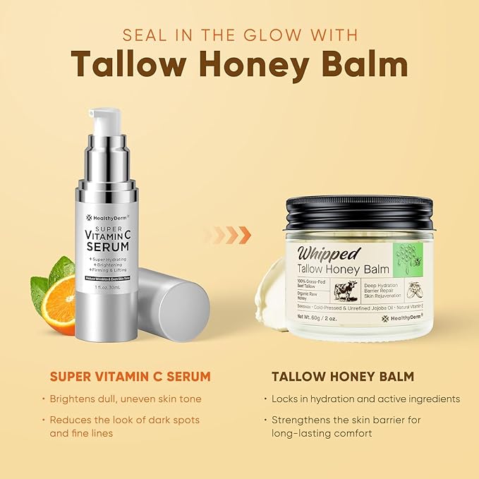 Beef Tallow Honey Balm for Skin: 100% Grass Fed Whipped Organic Moisturizer with Organic Raw Honey, Jojoba Oil, Vitamin E – Natural Face and Body Care for Mature, Dry or Sensitive Skin, 4oz