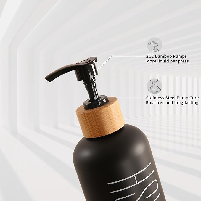 Shampoo and Conditioner Dispenser with Bamboo Pumps & Tray, Perfect for Bathroom Essentials for New Home (Black)