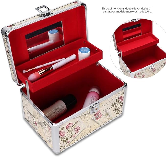 Makeup Case with Mirror, Professional Aluminum Makeup Storage Box, Portable Small Cosmetic Case for Beauty Artists, Travel Cosmetic Train Case Organizer with Dividers and Tool Panel for Brushes
