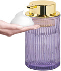 Foaming Soap Dispenser, 12 Oz Purple Glass Soap Dispenser, Refillable Liquid Lotion Container Foam Gold Pump Bottle Decorative Modern Slim Ribbed Bottle for Bathroom and Kitchen