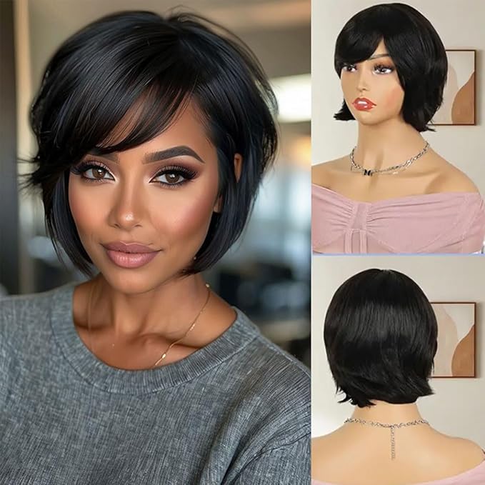 Adette 6 Inch Real Human Hair Wig for Women - Glueless Mullet & Wolf Cut Style, Natural Black Curly Wave Texture, Layered Pixie Cut with Bangs, 180% Density