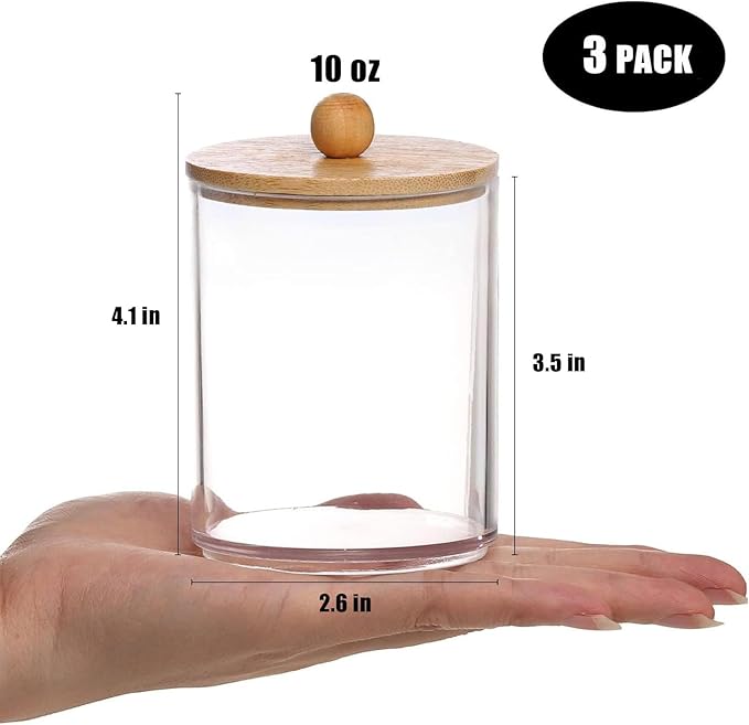 3PCS Acrylic Qtip Dispensers Holders With Wood lid, Clear Bathroom Round Countertop Storage Organizer Canister for Cotton Balls,Swabs,Pads,Bath Salts ,Makeup Sponges,Tooth Floss