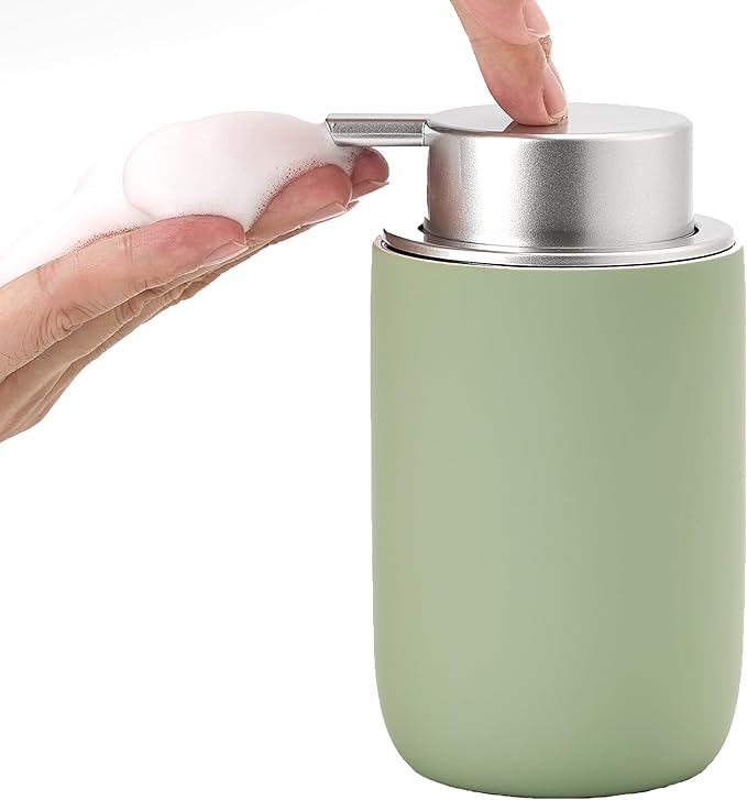 Foaming Soap Dispenser,12oz Foam Dispenser Ceramic,Foaming Hand Soap Dispenser Bathroom,Green Modern Refillable Soap Bottle for Hand Wash(Rubber Paint)