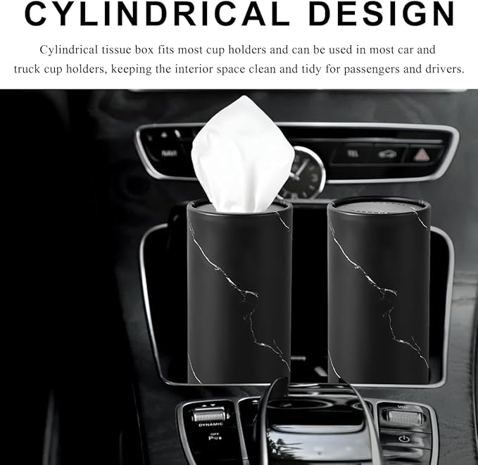 4PCS Car Tissue Holder, Car Cup Holder Convenient Travel Tissue Tube Box with Facial Tissues, Portable Round Tissues Holder Paper Towel Cylinder for Car Home Office (Marble Black)