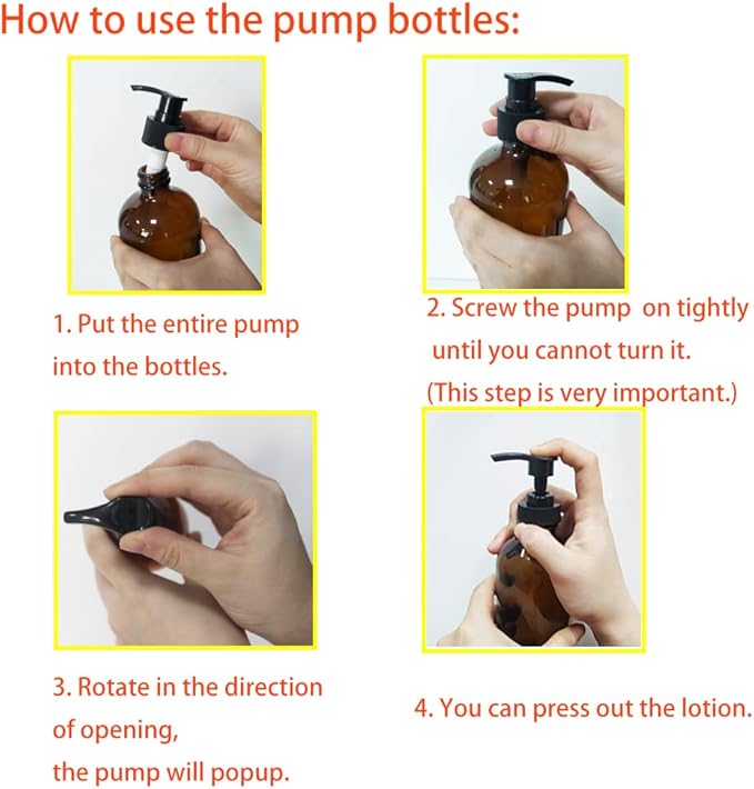 4 Pack 16 oz Amber Glass Bottles with Pumps for Shampoo, Essential Oils, Cleaning Products, Lotions, Aromatherapy Oil, Pump Bottles, Refillable Containers with Cap, 8 Chalk Labels, 1 Pen