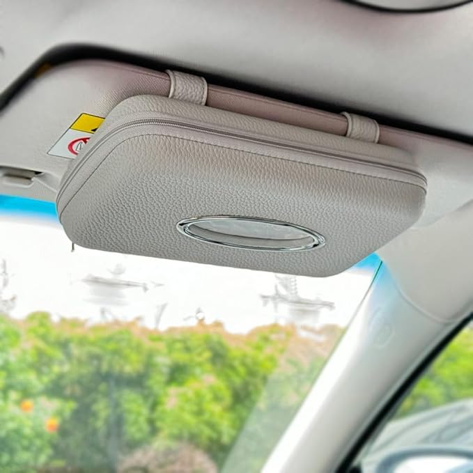 Sun Visor Tissue Holder, Zipper Napkin Holder, PU Leather Backseat Tissue Case for Vehicle (Grey)