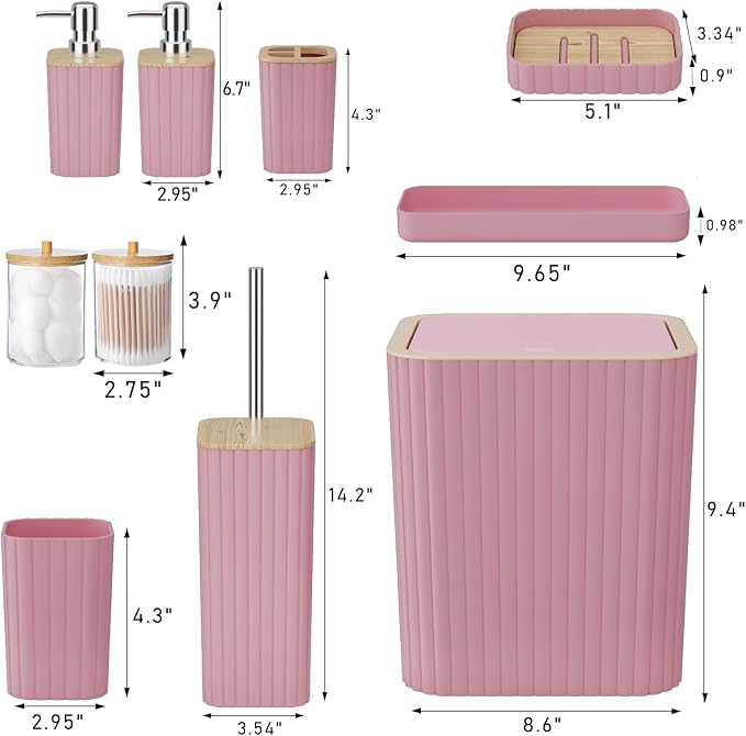 Bathroom Accessories Set - Elegant Pink Bathroom Set, 10PC Bathroom Accessory Set, Toilet Brush, Bathroom Trash Can