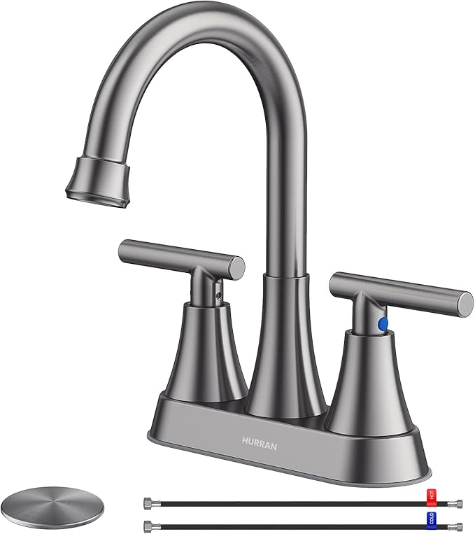 Bathroom Faucets for Sink 3 Hole, Hurran 4 inch Brushed Grey Bathroom Sink Faucet with Pop-up Drain and Supply Hoses, Stainless Steel Lead-Free Centerset Touch On Faucets for Vanity RV