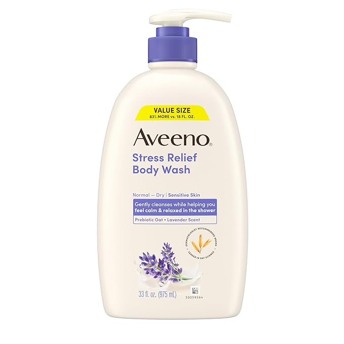 Aveeno Stress Relief Body Wash for Women, Calming Lavender Scent & Prebiotic Oat, Cleanser for Sensitive Dry Skin, Paraben, Dye & Soap-Free, 33 Fl Oz