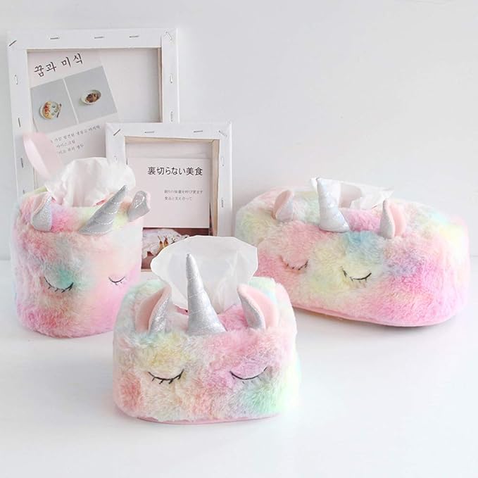 Colorful Unicorn Tissue Box Cover, Cute Plush Tissue Box Holder Decorative Facial Tissue Holder Napkin Holder for Home, Office, Nursery and Car (Rectangle)