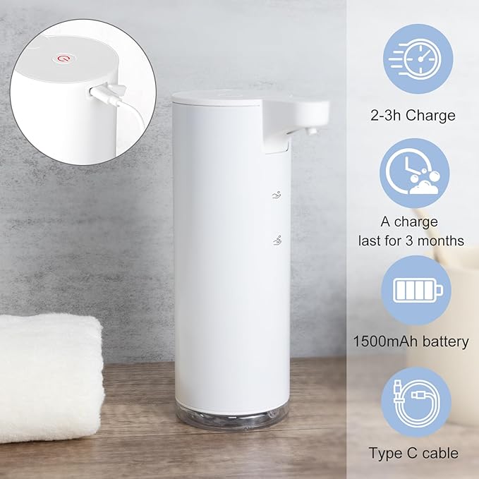 LAOPAO Automatic Soap Dispenser Foaming: Rechargeable Touchless Soap Dispenser Stainless Steel Foam Soap Dispenser for Bathroom Hand Soap Pump for Kitchen Xmas Gift, 9oz, White