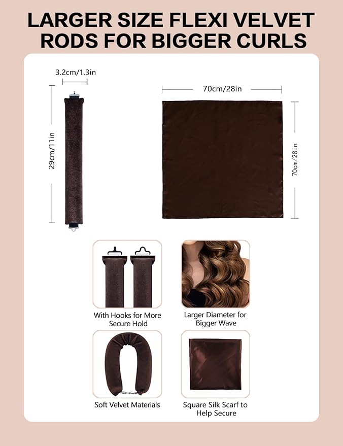 No Heat Curling Rod with Scarf, Velvet Hair Curlers to Sleep in Overnight Curls with Hook Blowout Rods Headband with Silk Scarf Curl Styling Kit for Long Medium Short Hair (3 coffee+Scarf, count)