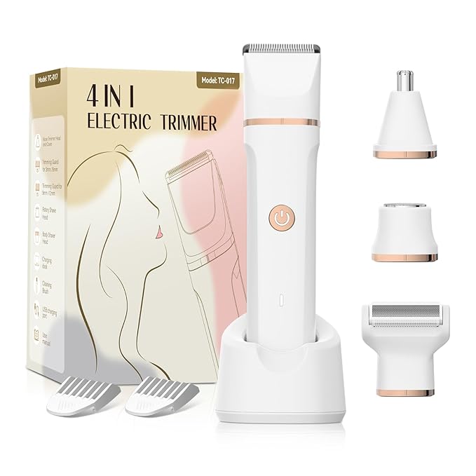 4-in-1 Electric Bikini Trimmer for Women - Painless Electric Razors for Facial/Body/Armpit/Pubic Hair, IPX7 Waterproof Replaceable Shaver Head & Nose Hair Trimmer for Travel, Gifts for Girlfriend Wife
