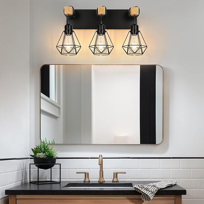 3-Light Farmhouse Vanity Light, Industrial Wood Bathroom Light Fixtures Over Mirror, Metal Lampshade for Bathroom, Hallway, Living Room