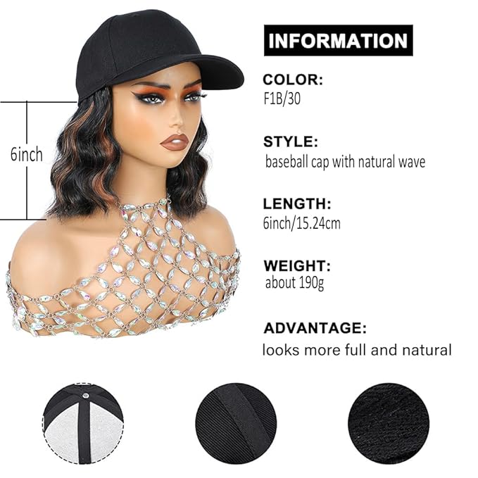 GUOJIAN Hat Wigs for Women 6' Short Wave Baseball Cap Wigs with Curly Hair Extensions Synthetic Wave Wig Adjustable Hat with Hair Attached for Daily Use (1B/30, 6inch)