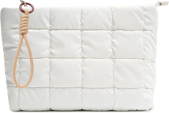 Puffer Quilted Makeup Bag Travel Cosmetic Bag Portable Puffy Checkered Toiletry Pouch Skincare Organizer Purse Pencil Case (White)