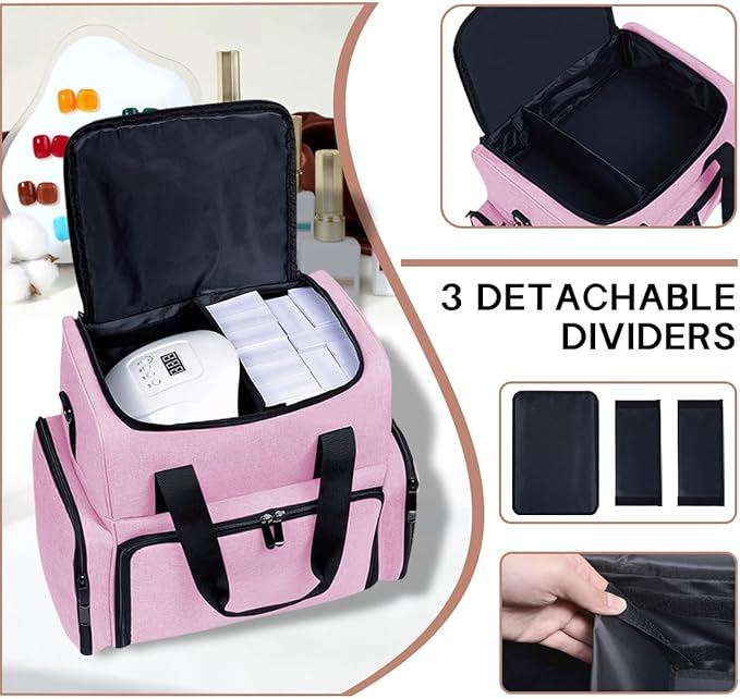 Nail Polish Organizer Case Holds 80 Bottles (15ml - 0.5 fl.oz) and a Nail Lamp,Nail Polish Case with 2 Removable Bags and Tools Storage Sections Pink
