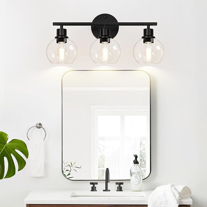 3-Light Bathroom Light Fixtures, Black Bathroom Lights Over Mirror with Clear Glass Globe Shade, Vanity Lights for Bathroom Kitchen Living Room Hallway Cabinet Bedroom Porch.