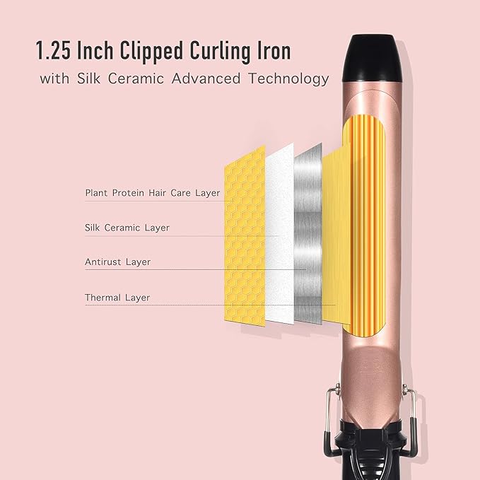 LANVIER 1.25 Inch Long Barrel Curling Iron, 1 1/4 Inch Curling Iron for Medium to Long Hair up to 450F, Worldwide Dual Voltage Curler for Traveling, Waving Style Tool - Rose Gold