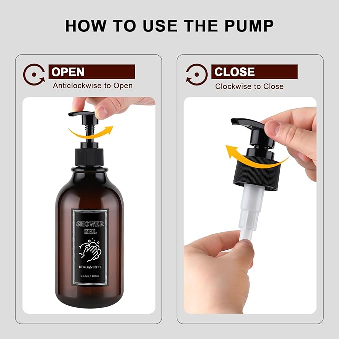 Shampoo and Conditioner Dispenser, Refillable Plastic Shampoo Pump Bottles with Waterproof Labels, Empty Body Wash Dispenser Set for Bathroom, Shower Soap Bottles (Brown)