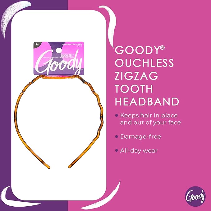 Goody Ouchless Headband For All Hair Types - Zigzag Tooth - Comfort Fit for All-Day Wear - Beautiful Design for Instant Style - Pain-Free Hair Accessories for Women, Men, Boys & Girls