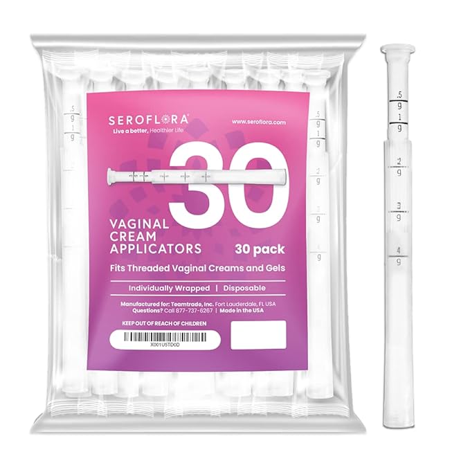 Seroflora Disposable Vaginal Cream Applicators - Fits Premarin, Estrace, Preseed and Most OTC Gels, Lubricants, and Creams - Threaded End, Comfort Tip, and Dosage Markings (30 Pack) Made in USA.