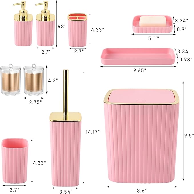 Pink Bathroom Accessories Set - Gorgeous Bathroom Set, 10PC Bathroom Accessory Set, Toilet Brush, Trash Can, Qtip Holder & Soap Dispenser