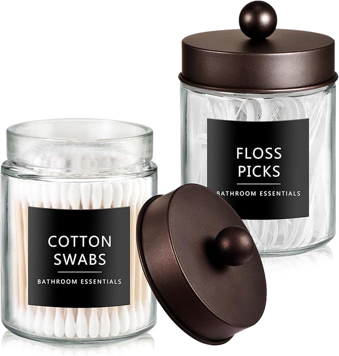 SheeChung Qtip Dispenser Holder 2pcs, Glass Apothecary Jars with Stainless Steel Lids &Stickers, Countertop Canister Guest Bathroom Storage Organizer Set for Cotton Swabs/Balls, Floss Picks(Bronze)