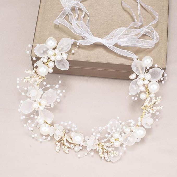 Wedding Hair Accessories for Kids, Flower Girl Accessory, Princess Headpiece White Headband Pearl and Girls Cute Bridal Band, Women's Fashion Headbands, Flower Pearl Gold