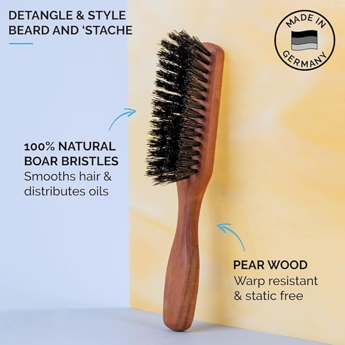 ZEUS Stiff Boar Bristle Beard & Mustache Brush for Men with Extended 6" Handle, Firm Natural Bristles for Styling & Detangling Facial Hair (Made in Germany) A93