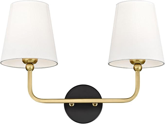 2-Light Bathroom Light Fixtures, Black and Gold Vanity Lights, Double Wall Sconce with Flared White Fabric Shade, Modern Sconces Wall Lighting for Hallway Bedroom Stairway, VL837-KG-2