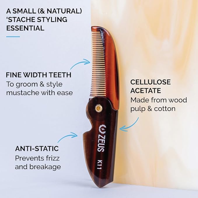 ZEUS Folding Mustache Comb for Men, Handmade Saw-Cut Pocket Comb for Men’s Beard & Moustache Grooming, Compact & Travel Friendly (Tortoiseshell) 3 PACK