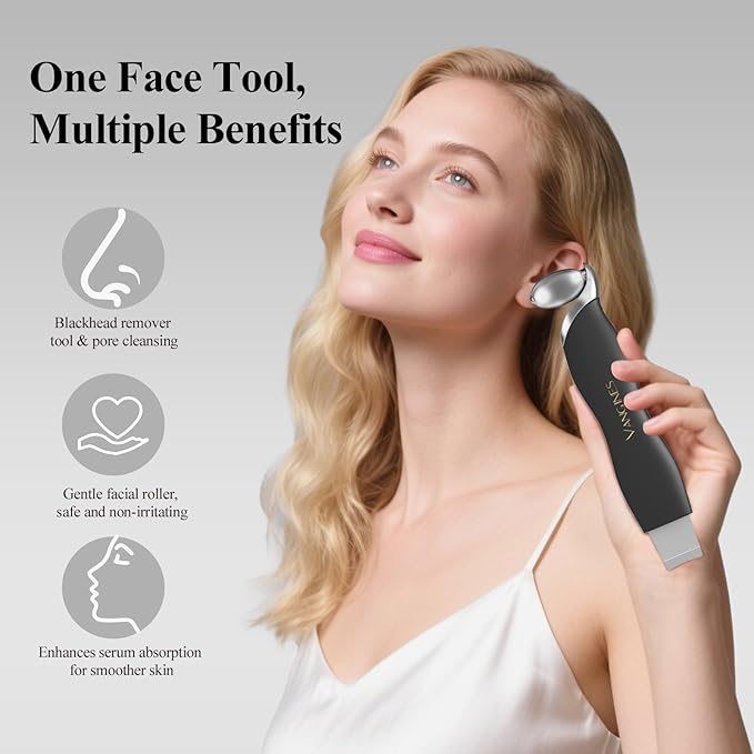 3-in-1 Blackhead Remover Tool with Ice Roller & 2 Silicone Brush Heads - Pore Cleaning Face Spatula, Stainless Steel Skin Scraper for Nose, T-Zone Deep Cleansing (Charcoal Black)