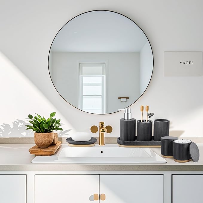 7PCS Bathroom Accessories Set, with Soap Dispenser, Q-tip Holder, Toothbrush Holder, Tumbler, Soap Dish, Vanity Tray, Bathroom Set Complete Organizer Countertop for Modern Decor, Black