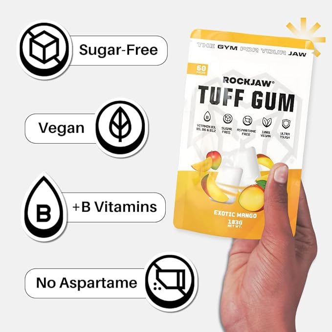 ROCKJAW® Jawline Gum - Tuff Gum 2.0 with B Vitamin Complex - 100% Xylitol, Aspartame Free, Sugar Free - Exotic Mango (Stim-Free) - 2 Months Supply