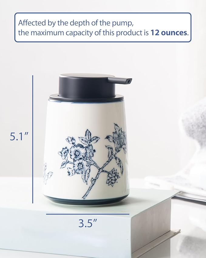 Hand Soap Dispenser for Bathroom, Ceramic Lotion Dispenser, Chinoiserie Bathroom Accessories, Blue and White Flowers and Branches