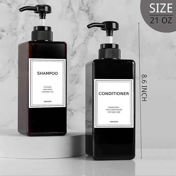 Shampoo and Conditioner Dispenser, Refillable Shampoo and Conditioner Bottles Set with Labels - Empty Shower Plastic Dispenser (21oz)