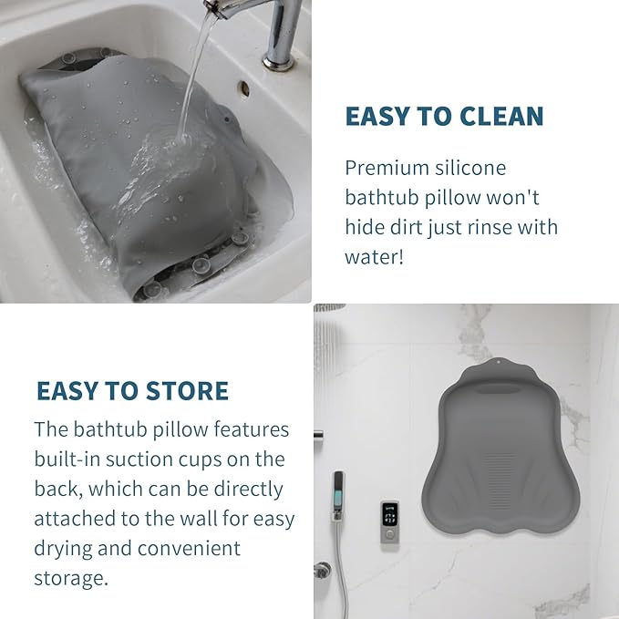Silicone Bath Pillow for Tub – Ergonomic Bathtub Headrest with Inflatable Air Cushion, Non-Slip Suction Cups & Neck/Back Support – Comfortable Spa Bath Accessory for Relaxation (Grey)