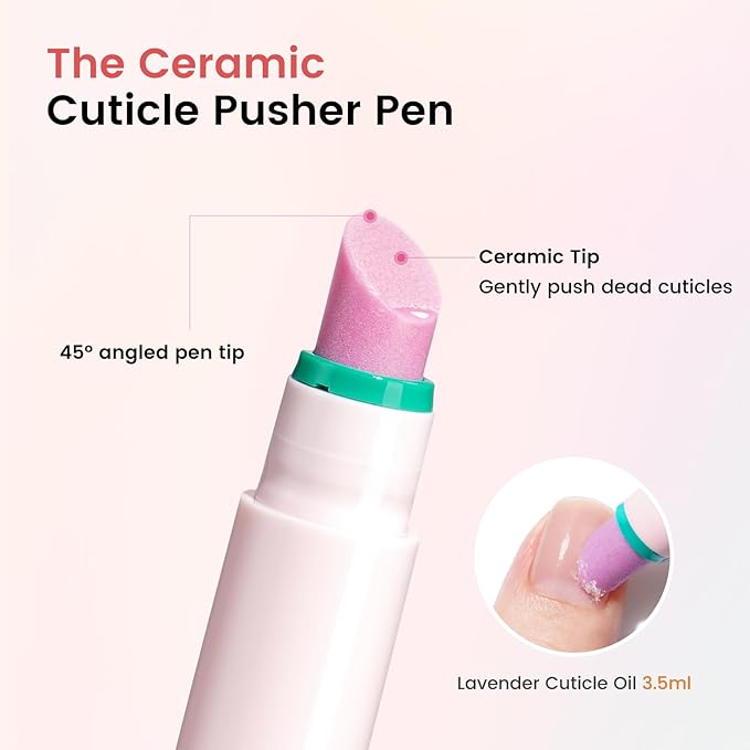 Ceramic Cuticle Oil Pusher Pen -3 in 1 Cuticle Remover Pen for Nails, Nail Care Buffer Pens with Micro-Dosin Oil for Hangnails, Dry & Damaged Nails, Moisturize Strengthen Brighten