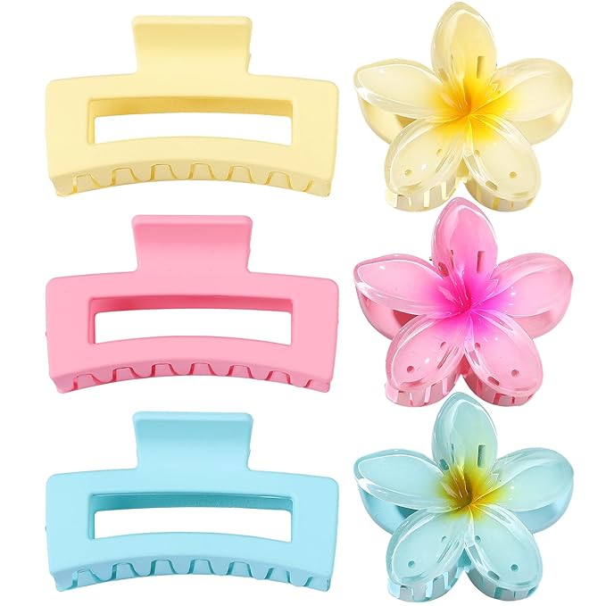 Flower Hair Clips for Women Square Claw Clips for Girls 2 Styles Hair Claw Clips for Thick or Thin Hair 6 PCS Hawaiian Hibiscus Rectangle Large Plumeria Medium Hair Accessories for Women (Pink)